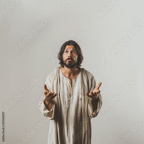 Jesus Christ looks inquiringly and emotionally. Prayer. Isolated on a gray background. For religious Christian publications and projects photo