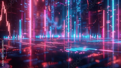 dynamic 3d visualization of stock market data glowing neon graphs and charts floating in dark space futuristic financial concept with holographic interface