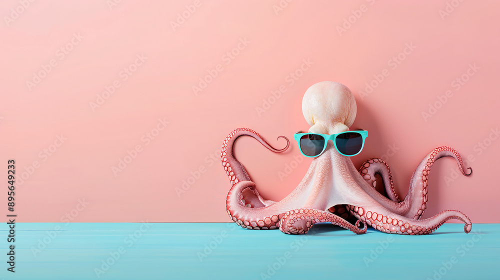 Creative Octopus with Sunglasses on Pink and Blue Background Creative Octopus with Sunglasses on Pink and Blue Background