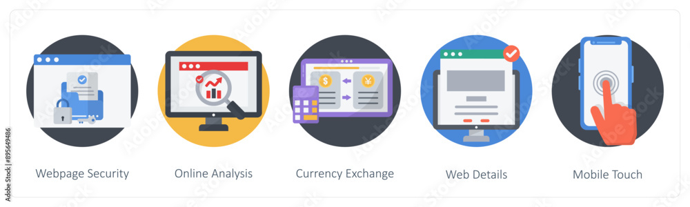 A set of 5 Business icons as webpage security, online analysis, currency exchange A set of 5 Business icons as webpage security, online analysis, currency exchange