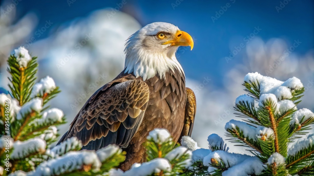 Regal American Bald Eagle perches majestically atop a snow-capped pine tree, gazing proudly into the distance with piercing brown eyes. Regal American Bald Eagle perches majestically atop a snow-capped pine tree, gazing proudly into the distance with piercing brown eyes.