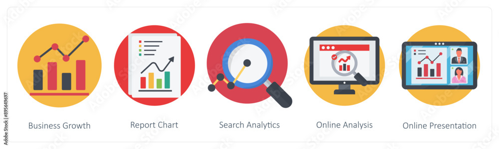 A set of 5 Business icons as business growth, report chart, search analystics A set of 5 Business icons as business growth, report chart, search analystics