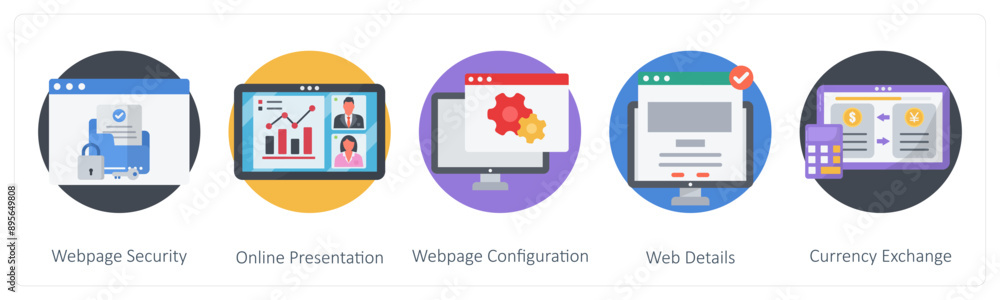 A set of 5 Business icons as webpage security, online presentation, webpage configuration A set of 5 Business icons as webpage security, online presentation, webpage configuration