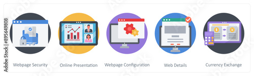 A set of 5 Business icons as webpage security, online presentation, webpage configuration
