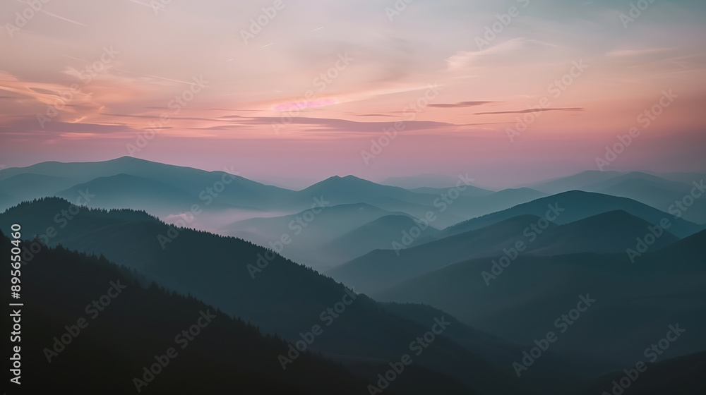 Pastel Sunset Over Layered Mountain Range. Soft pastel hues of sunset illuminate a layered mountain range, creating a tranquil and ethereal landscape scene. Pastel Sunset Over Layered Mountain Range. Soft pastel hues of sunset illuminate a layered mountain range, creating a tranquil and ethereal landscape scene.