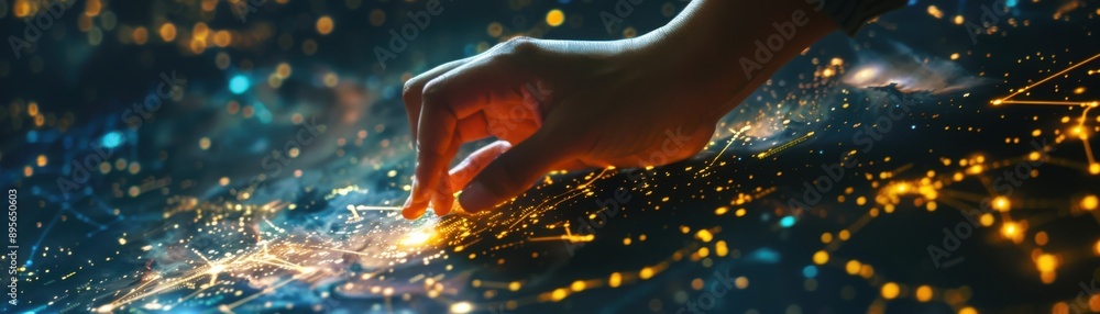 Hand touching a digital interface with glowing lights, representing technology and connection in a futuristic setting. Hand touching a digital interface with glowing lights, representing technology and connection in a futuristic setting.