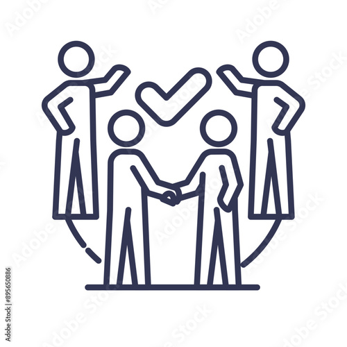 Two figures shaking hands with others cheering and a checkmark above, symbolizing conflict resolution.