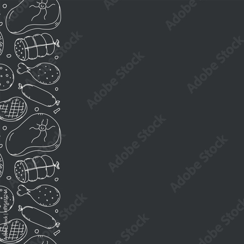 Meat frame. Doodle meat background. Vector illustration with meat products icons