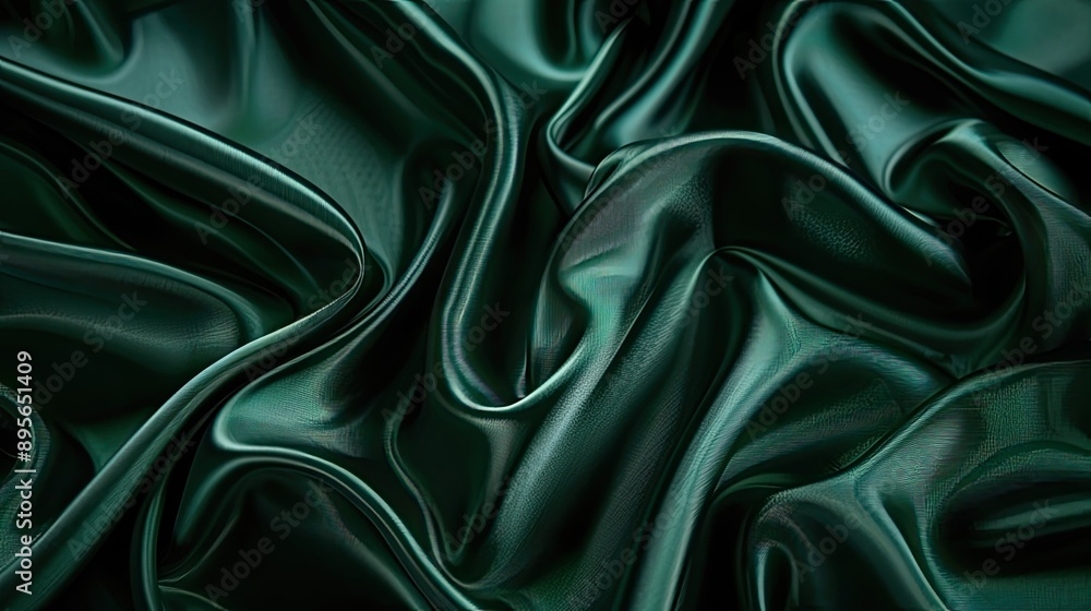 Fototapeta premium Shiny dark green silk satin with wavy folds, creating a refined background with space for design, ideal for festive web banners