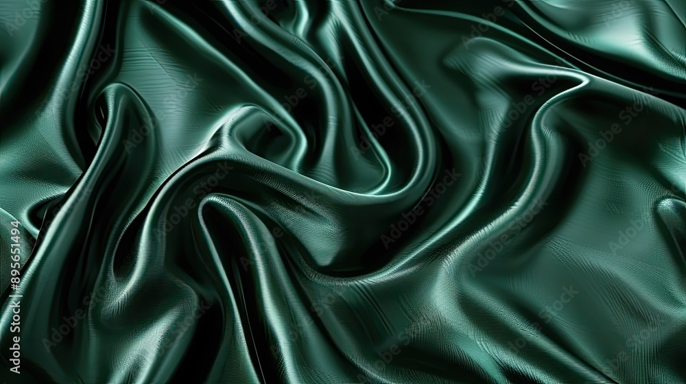 Fototapeta premium Smooth dark green satin with shiny surface and wavy texture, elegant background suitable for Valentine, Christmas, or holiday web design