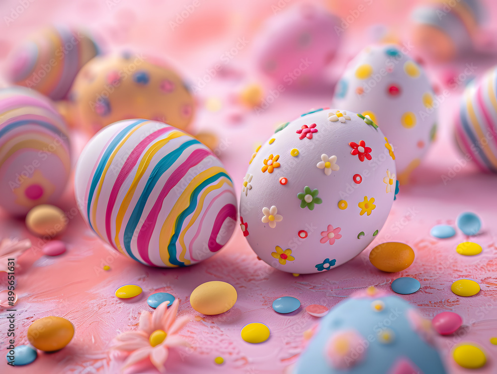 Fototapeta premium Colorful Easter eggs with blurred background.