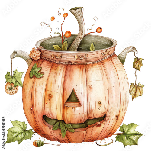 Whimsical Pumpkin Pot with Vines and Leaves Illustration PNG Transparency photo