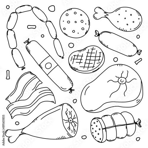 Doodle vector illustration with meat products icons. Hand drawn meat background