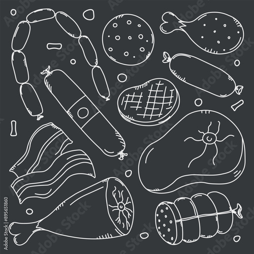 Doodle vector illustration with meat products icons. Hand drawn meat background