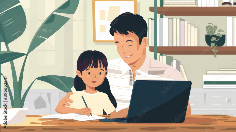 Father encouraging his child while they work on homework on a laptop, warm and supportive atmosphere. Father encouraging his child while they work on homework on a laptop, warm and supportive atmosphere.