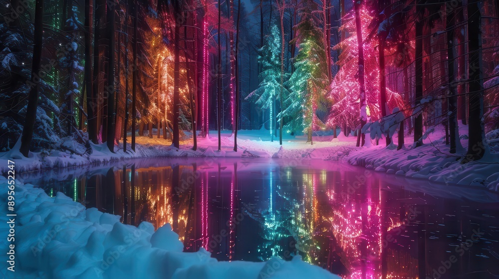 enchanted winter forest with illuminated christmas trees casting colorful reflections on snow enchanted winter forest with illuminated christmas trees casting colorful reflections on snow