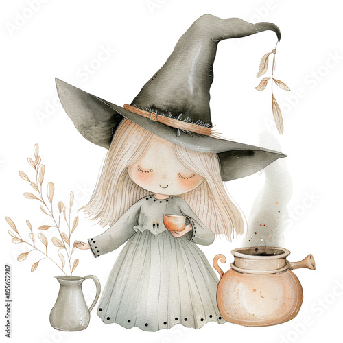 Adorable Cartoon Witch Girl with Cauldron Illustration PNG Transparency photo