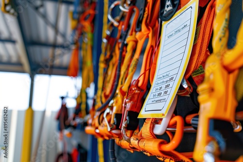 Safety harness and equipment displayed neatly with a checklist
