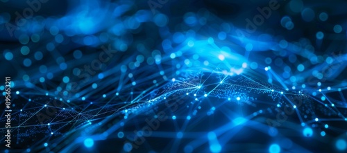 Abstract Blue Digital Background with Glowing Network Connections and Global Map Symbolizing Connectivity in Technology, Innovation, and Advanced AI Techniques