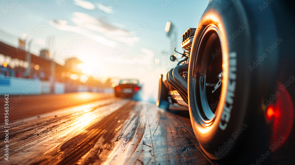Drag Racing Car at Sunset on Track Drag Racing Car at Sunset on Track