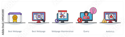 A set of 5 Business icons as best webpage, webpage maintenance, query