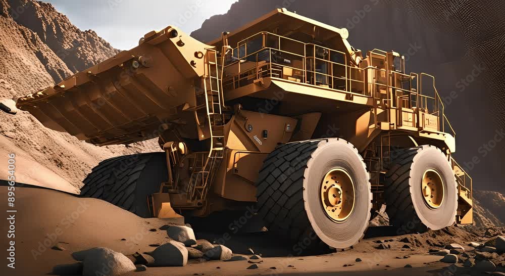 Advanced mining machinery set against a dramatic rocky landscape. Advanced mining machinery set against a dramatic rocky landscape.