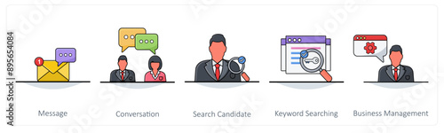 A set of 5 Business icons as mesaage, conversation, search candidate