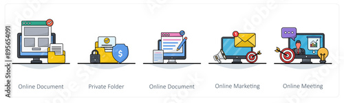 A set of 5 Business icons as online document, private folder, online marketing
