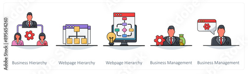 A set of 5 Business icons as business hierarchy, webpage hierarchy, business management