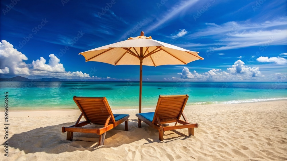 empty luxurious lounge chairs and vibrant umbrella await beneath clear blue sky on pristine sandy beach shoreline. empty luxurious lounge chairs and vibrant umbrella await beneath clear blue sky on pristine sandy beach shoreline.
