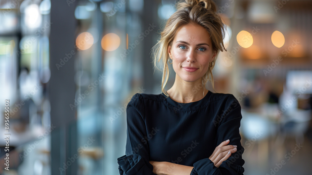 Fototapeta premium Portrait of a businesswoman standing in a modern office building with her arms folded