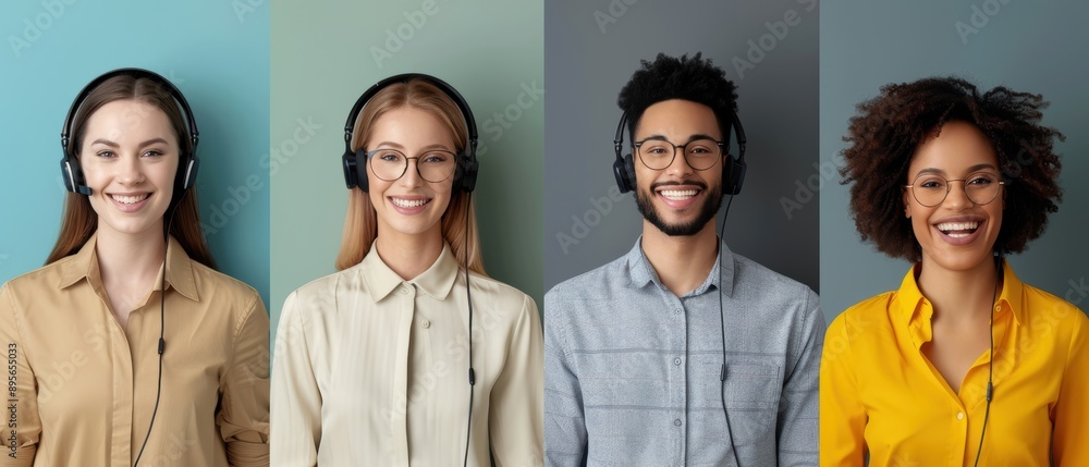 Fototapeta premium Service-minded call center agents with smiling faces, representing various industries
