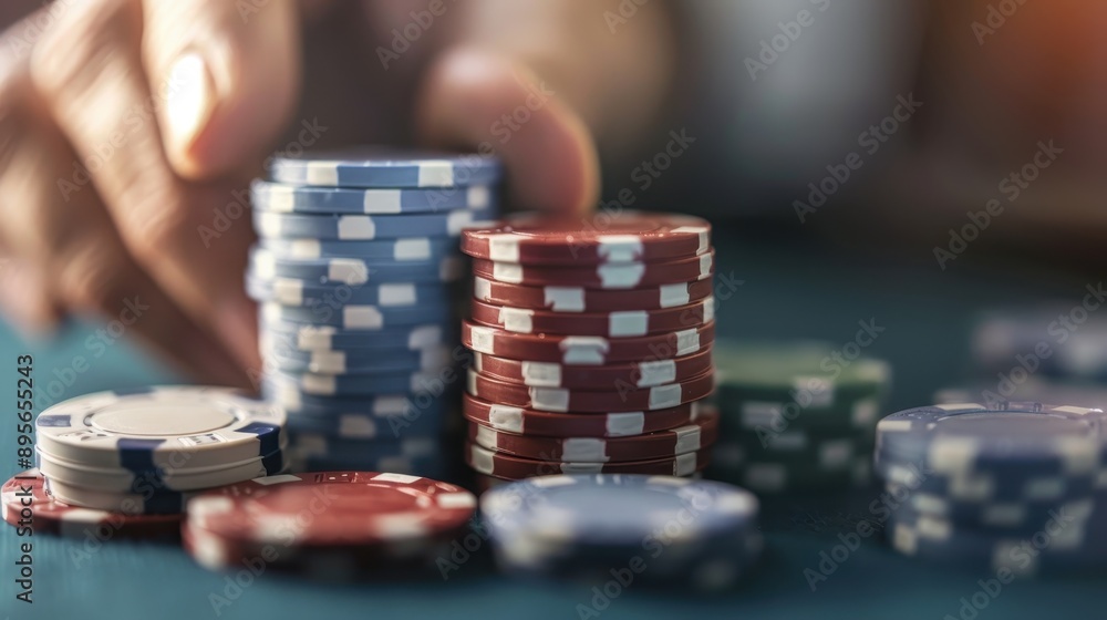 A hand carefully stacks colorful poker chips on a green felt surface, with chips in blue, red, and green colors, suggesting a focused and strategic moment in a poker game. A hand carefully stacks colorful poker chips on a green felt surface, with chips in blue, red, and green colors, suggesting a focused and strategic moment in a poker game.