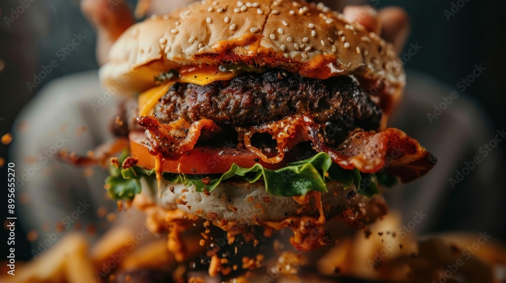 A tantalizing bacon cheeseburger featuring fresh vegetables, cheese, and a sesame bun. The burger is in mid-air with splashes of sauce and crumbs flying around. A tantalizing bacon cheeseburger featuring fresh vegetables, cheese, and a sesame bun. The burger is in mid-air with splashes of sauce and crumbs flying around.