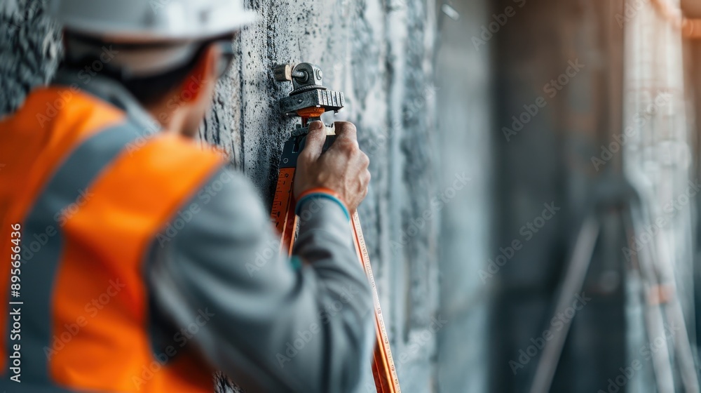 A construction worker uses an inspection tool to measure construction details on a concrete wall, showcasing the importance of accuracy and thoroughness in construction processes. A construction worker uses an inspection tool to measure construction details on a concrete wall, showcasing the importance of accuracy and thoroughness in construction processes.