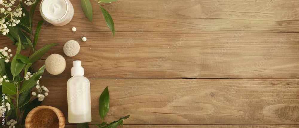Eco-friendly cosmetics displayed on a wooden table, showcasing natural skincare essentials Eco-friendly cosmetics displayed on a wooden table, showcasing natural skincare essentials