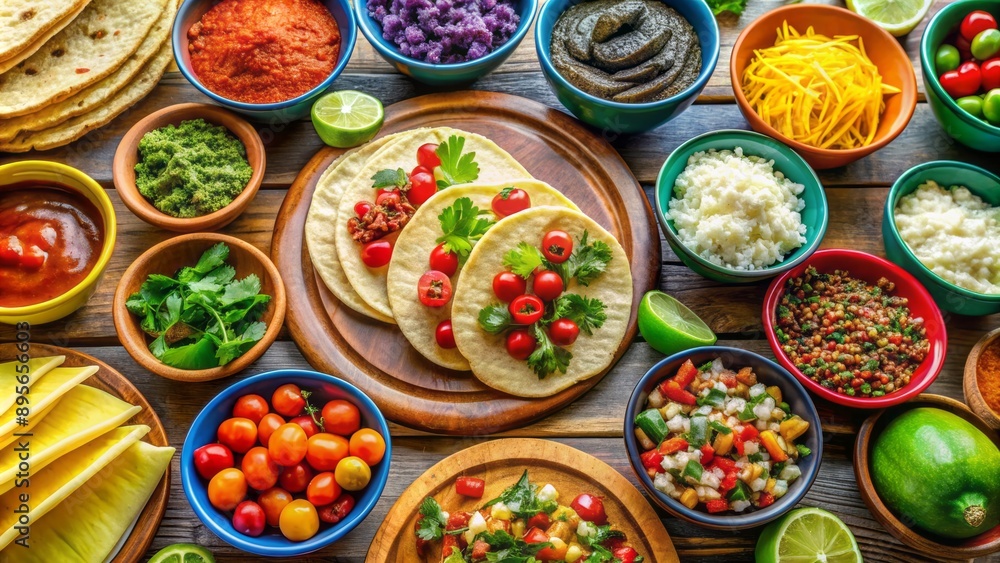 Vibrant, colorful DIY taco bar setup showcasing fresh ingredients, tortillas, cheeses, and salsas, awaiting friends' creative taco creations. Vibrant, colorful DIY taco bar setup showcasing fresh ingredients, tortillas, cheeses, and salsas, awaiting friends' creative taco creations.
