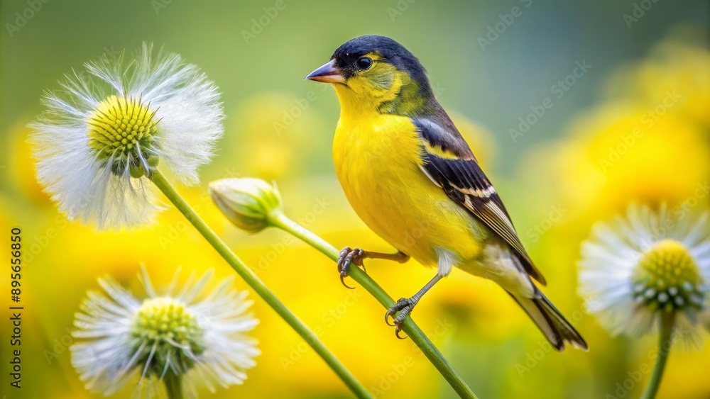Obraz premium Vibrant yellow lesser goldfinch perches delicately on swaying stem, savoring tender dandelion petals in warm sunny meadow atmosphere.