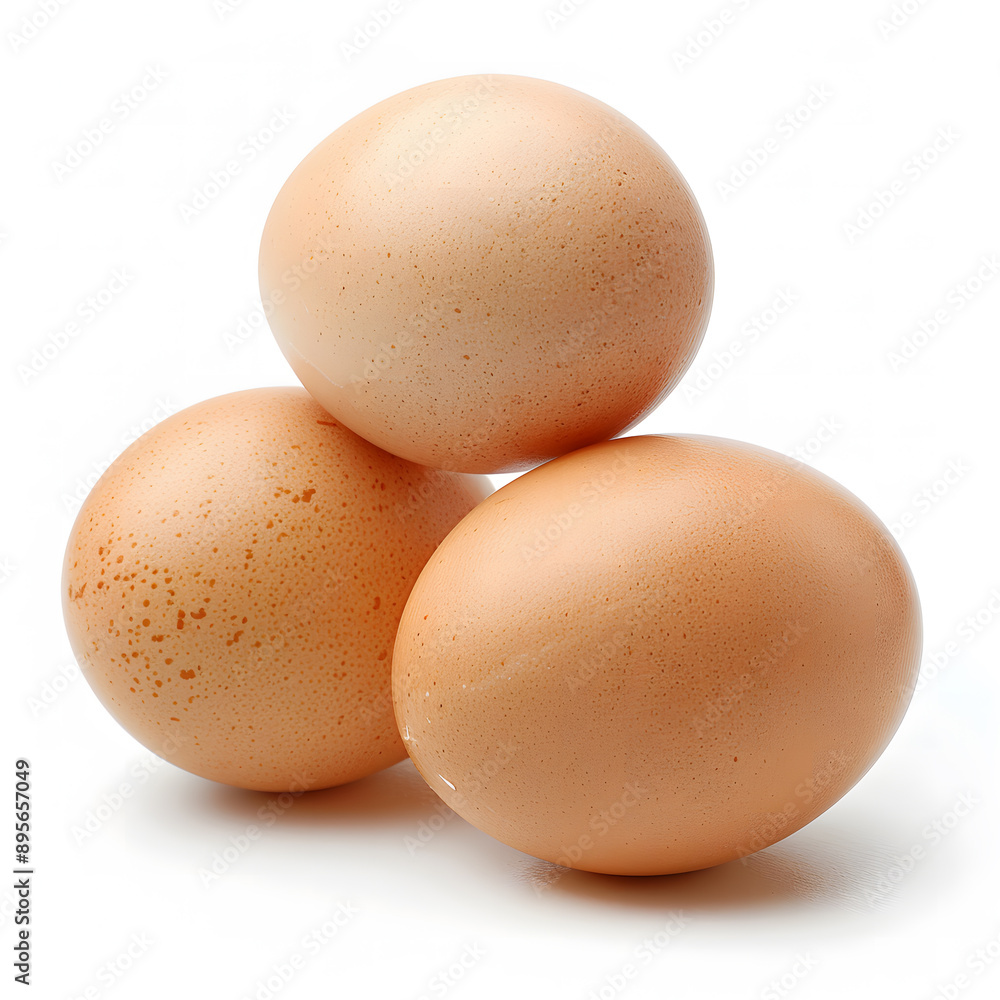 Three eggs are arranged on a plain white background. Three eggs are arranged on a plain white background.