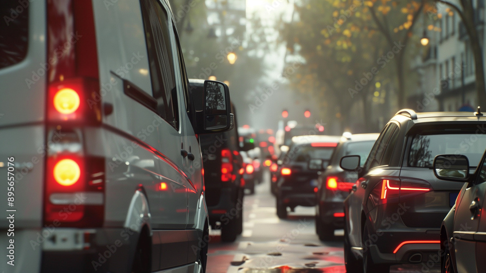 A traffic jam on the street with cars and trucks stuck in it A traffic jam on the street with cars and trucks stuck in it