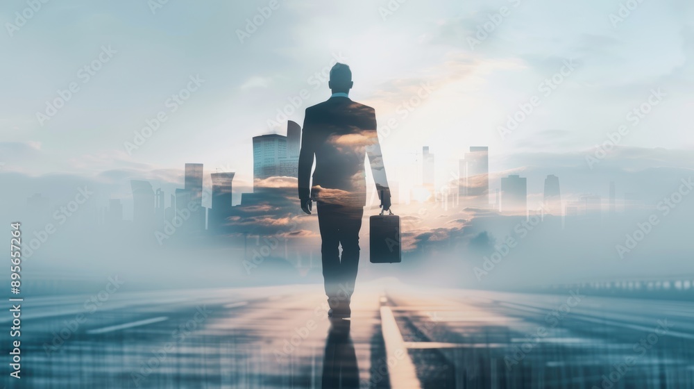 Businessperson walking with a briefcase with a double exposure of a highway, symbolizing the journey and fast pace of business Businessperson walking with a briefcase with a double exposure of a highway, symbolizing the journey and fast pace of business