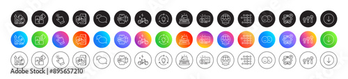 Global engineering, Puzzle and Excise duty line icons. Round icon gradient buttons. Pack of Idea, Like, Bus parking icon. Bike app, Messenger, Scroll down pictogram. Vector