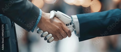 Business and AI concept captured in a close-up of a handshake between a businessman and a robot