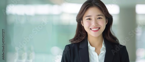 Beautiful young Asian woman in a professional business outfit, flashing a big smile, embodying confidence and success