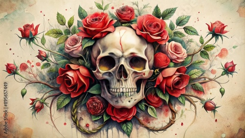 Fototapeta Naklejka Na Ścianę i Meble -  Mysterious, ornate skull surrounded by lush red roses, tendrils, and vines in a stunning, dreamy watercolor tattoo design.