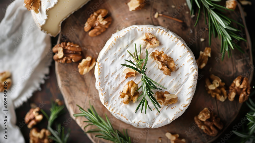 Flat lay of Camembert cheese with a side of walnuts and rosemary for a gourmet snack Flat lay of Camembert cheese with a side of walnuts and rosemary for a gourmet snack