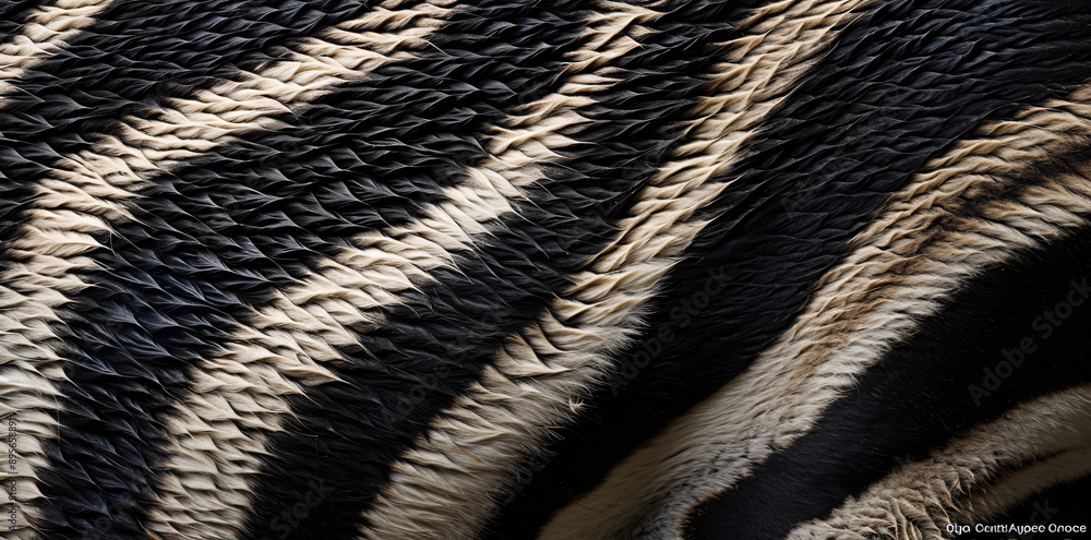 A close up of the back skin texture with vertical black and white stripes on an African zebra A close up of the back skin texture with vertical black and white stripes on an African zebra