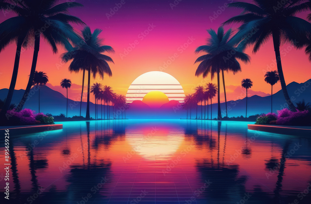 1980s style sunset landscape with retro vibes. 3D virtual reality view captures vintage charm 1980s style sunset landscape with retro vibes. 3D virtual reality view captures vintage charm