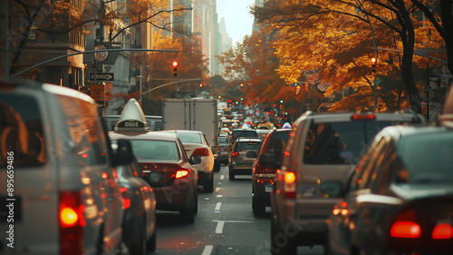 A traffic jam on the street with cars and trucks stuck in it