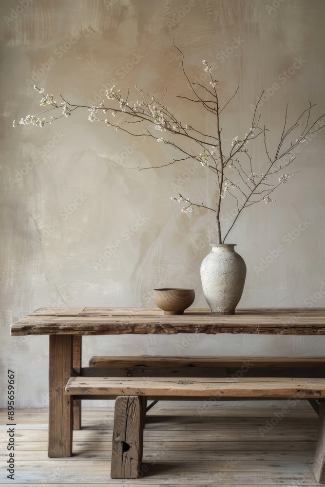 Vase with cherry blossoms on wooden table in front of beige wall Vase with cherry blossoms on wooden table in front of beige wall